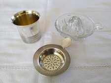 OLD 1930S CRYSTAL SILVER METAL CITRUS PRESS SET LEMON ORANGE