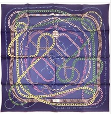 Hermes Scarf Stole Reaction en Chaines Chain Accessory Navy Silk Auth Carre 90