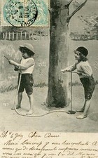 Children having fun card with a garden hose illustration