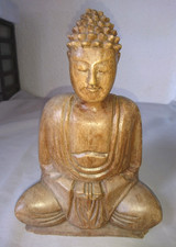 OLD LARGE STATUETTE FIGURINE SCULPTURE BUDDHA SITTING LOTUS THAILAND wood,