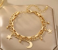 Bracelet doré Double Chaîne Lune & Étoile - Élégant Et Tendance 