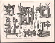 1870 Gravure originale mécanique industrie perceuse forage outils machines