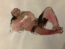 Très Beau Dessin Aquarelle Crayon Homme Plage Nu Portrait Deuxième Moitier XXe