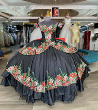 Mexico Theme Black Vestido De 15 An os Quinceanera Vintage Colorful Flowers