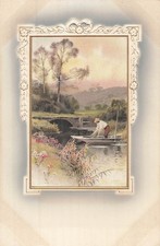 CP FRAME RELIEF GILDING FISHERMAN IN BOAT BRIDGE - CORNERS MARKS - 64599