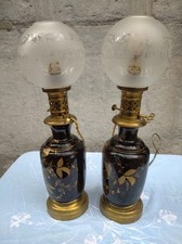 Pair of Napoleon III lamps in black opaline enamelled with flowers height 41 cm