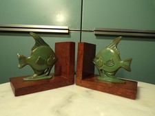 PAIRE de serre-LIVRES-POISSON-ART déco-régule et bois