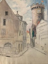 Very nice watercolor late 19th century to identify Rue Tour De L Clock Vichy old art