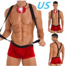 Men Sexy Christmas Santa Boxer Shorts Suspender Bodysuit Singlet Wrestling