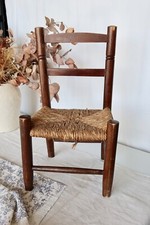 Vintage Dark Wood Kids Chair and Braided Straw Seat