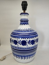 Grand pied de lampe vintage en céramique décor blanc et bleu signé, électrifié