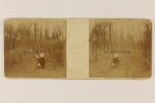 Woman Cycling Wood Amateur Photo c1900 Small Format Stereo Vintage PL57An206