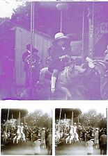 4 stereo photos c. 1920 FAIR RIDES wooden horses / stereoview 