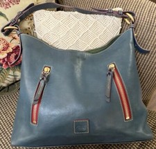 Dooney Bourke Blue Denim Jean Florentine Leather Large Hobo Bag Zip Pockets