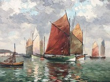 Huile sur toile : Paysage Marin Mer Océan Voiliers Village Port A. BORDERIE