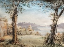 Anonyme — paysage : ville & estuaire — aquarelle sur papier vélin — 24 x 33 cm.