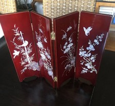 Paravent Miniature Asiatique Bois Rouge Laqué Nacre Art Floral Corée