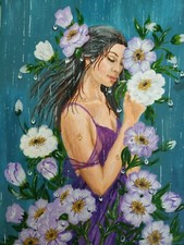 Portrait Femmes en Fleurs Paysage Décoration Murale Peinture Acrylique Origin...