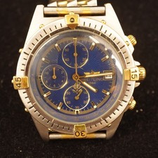 Breitling Chronomat B13048 Quartz Steel Gold Blue Dial 42mm Watch- Fresh Battery