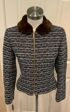 Carolina Herrera New York Blue Tweed Zip-Up Jacket Removable Fur Collar, Size 4