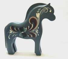 4.25" Vintage 90s Norway Hand Painted Rosemaling Blue Dala / Fjord Horse Way Nor
