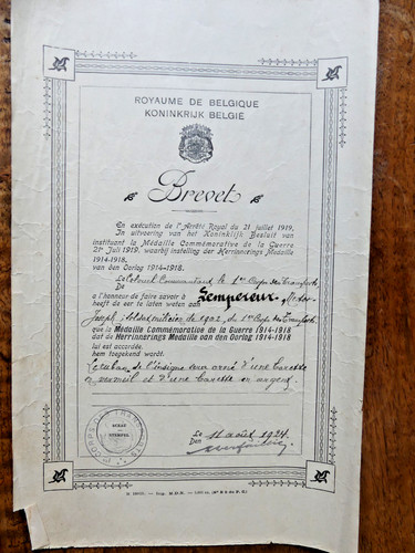 Diplôme belge pour la croix - .pour,