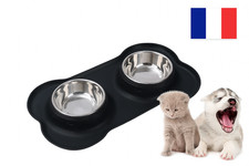 Gamelle Double Antidérapante Inox Chien Chat avec Base Silicone Anti-débordement