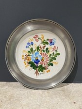 Hand Painted Bouquet Flowers Earthenware and Pewter Frame Decorative Wall Plate
