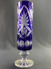 Bohemian Blue Tinted Cut Crystal Tubular Pedestal Vase