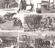 1870 Gravure originale agriculture blé charrue travaux agricoles chevaux outils