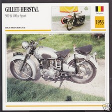 1953 Gillet-Herstal 500cc & 400cc Sport Belgium Bike Motorcycle Photo Spec Card