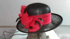 Chapeau Cérémonie Noir Application Soie Rouge Hat Elegant Made IN Italy