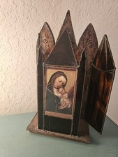 Antique Florentine Triptyque Stained Glass, Leather & Wood-Madonna W/Child