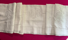 antique linen sheet monograms LR, embroidered flowers 230 cm x 290 cm ref D416