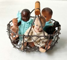 5 SMALL CELLULOID DOLL PETITCOLIN BRAND 7 AND 13 FROM 1950 METAL BRAID