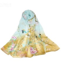 Etole mariage - Imprimé oiseaux dégradé mousseline de soie - Fond bleu/beige