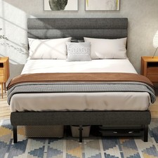 Lit Double 140x200 160x200 Cadre Métal Rembourré Gris Lattes Rangement Neuf