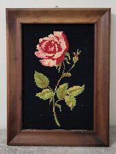 Antique pink flower canvas 39x29 cm black background wooden frame in very good condition 