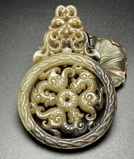 4 "Vieux naturel Hetian Jade sculpture Dragon Bête Statue Pendentif Bi