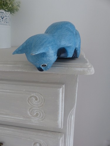 Statuette chat bois - en, bleu