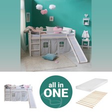 Cadre Lit superposé enfant 90x200 Matelas Toboggan Mezzanine Rideau Homestyle4u