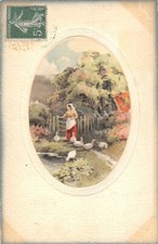 CPA Fantaisie - Jeune femme et ses oies  au bord d'une mare 