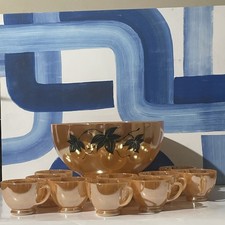 Vintage Anchor Hocking Peach Lustre Punch Bowl Set w/ Stand – Bowl + 10 Cups