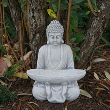 Bouddha avec coupelle figurine en pierre Feng Shui 27 cm 5 kg gris béton blan...