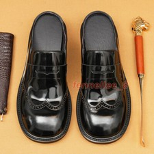 British Round Toe Mens Slip on Slippers Mules Real Leather Wing Tip Carved Shoes