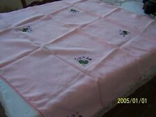 Antique small pink hand embroidered tablecloth with violets. Charming.  Ref n°2