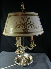 Lampe bouillotte pied en bronze argenté abat jour tôle 3 feux lumière