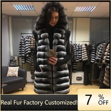 Women's Warm Hooded Chinchilla Real Rex Rabbit Fur Vest Waistcoat Gilets Coats  