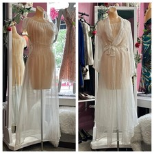 Vintage 30s Sheer Peignoir Negligee Set White Smocked Puff Sleeves Romantic S/M