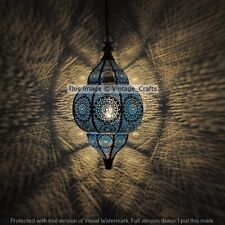 Suspension indienne plafonnier suspendu décor métal lampe marocaine (bleu) 14x8"